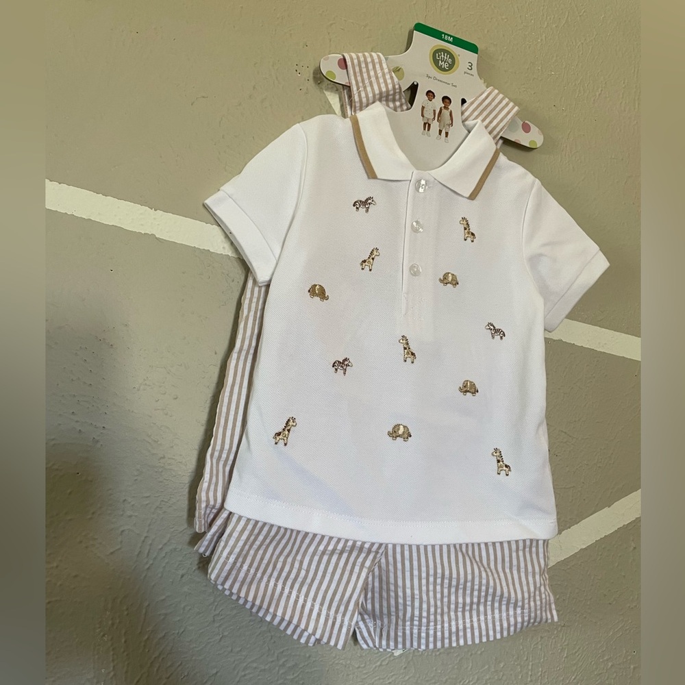 Little Me White Polo Set with Beige Animal Embroidery